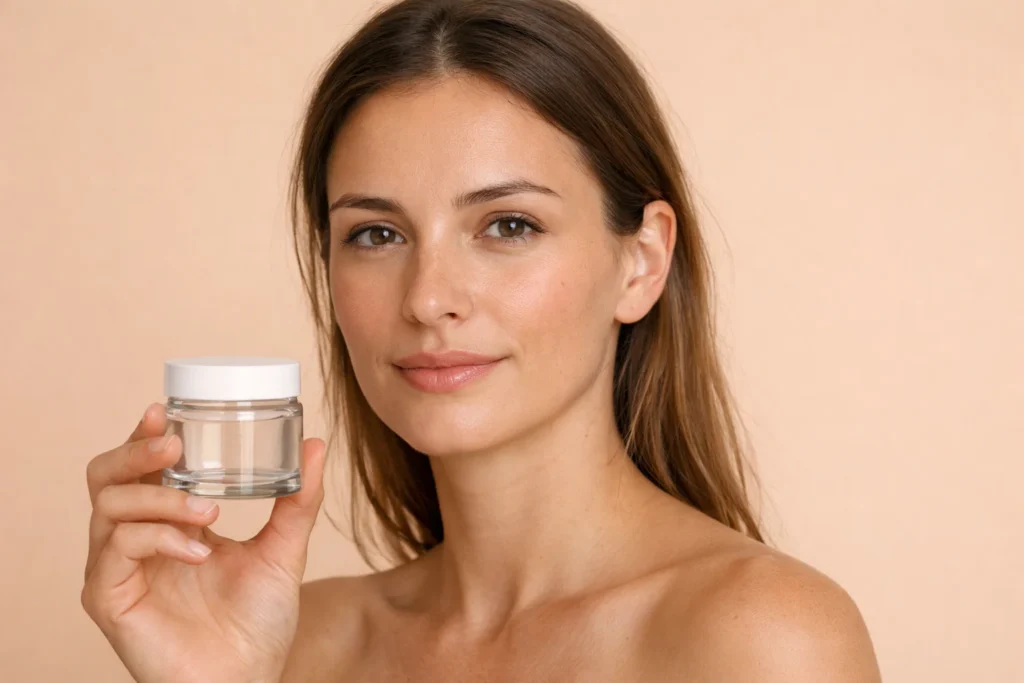 A confident person in a white shirt against an off-white background, depicting a professional skin recovery plan.