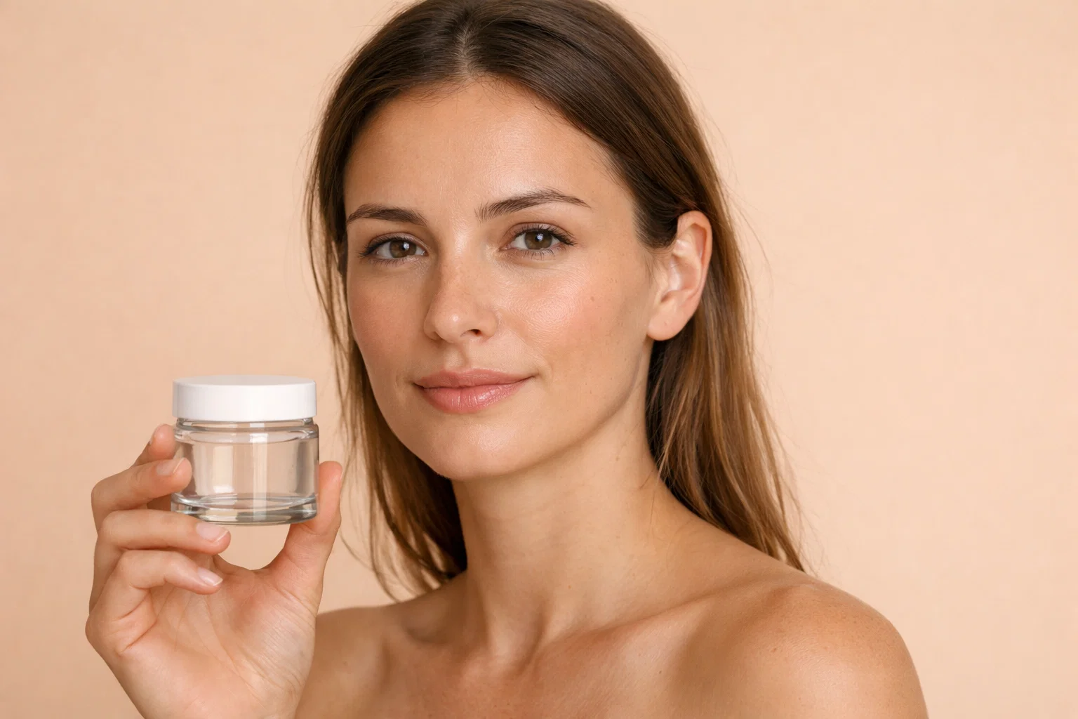 A confident person in a white shirt against an off-white background, depicting a professional skin recovery plan.