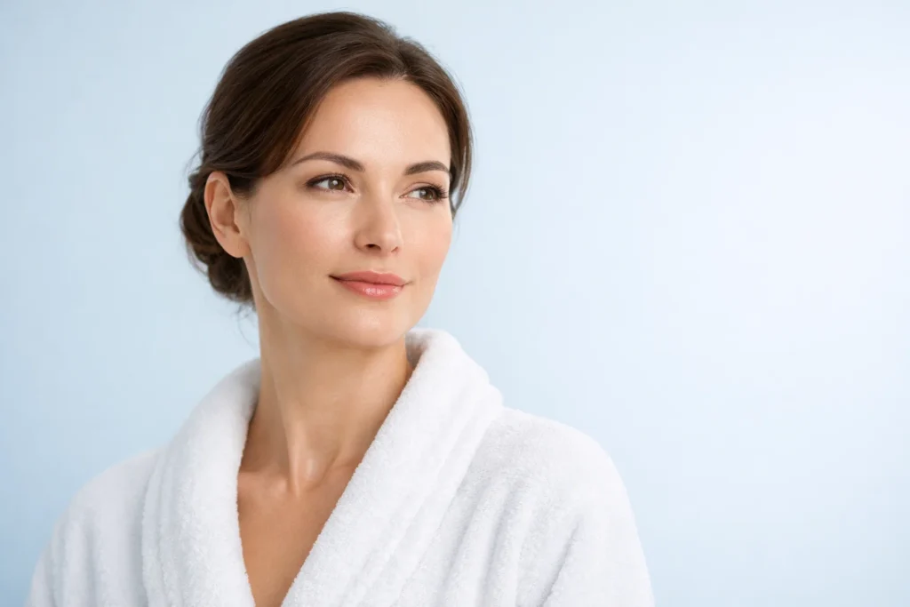 A serene woman posing in a professional wellness context against a solid pale blue background.