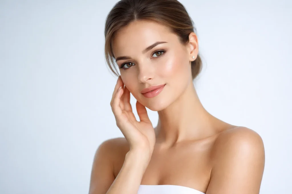 A confident woman with radiant skin smiling at the camera against a solid light-blue background.
