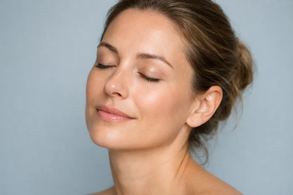 A woman with a peaceful expression against a light slate grey background, symbolizing a regular session schedule.