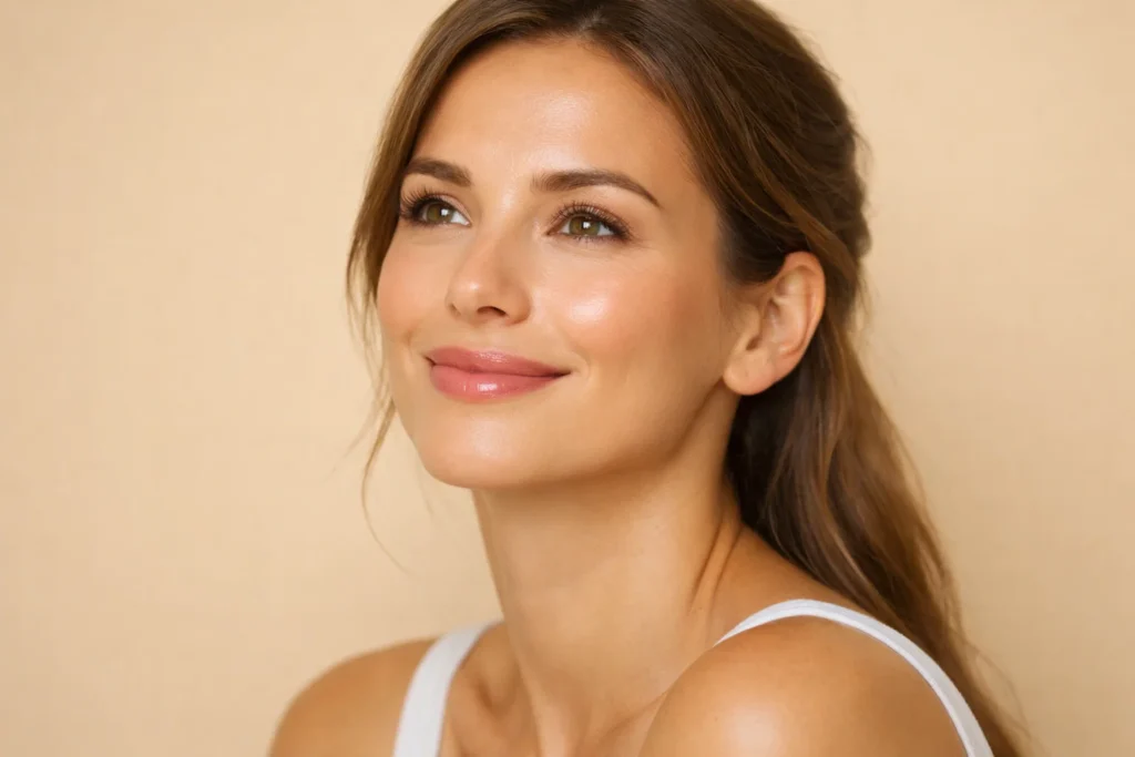 Portrait of a woman with youthful and vibrant under-eye skin results on a warm beige background.