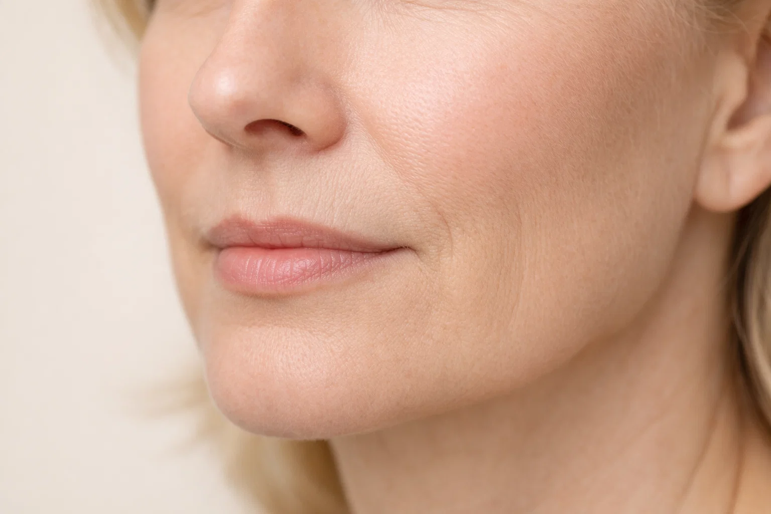 Woman showing perioral lines before dermal filler treatment for smoker's lines at London aesthetic clinic