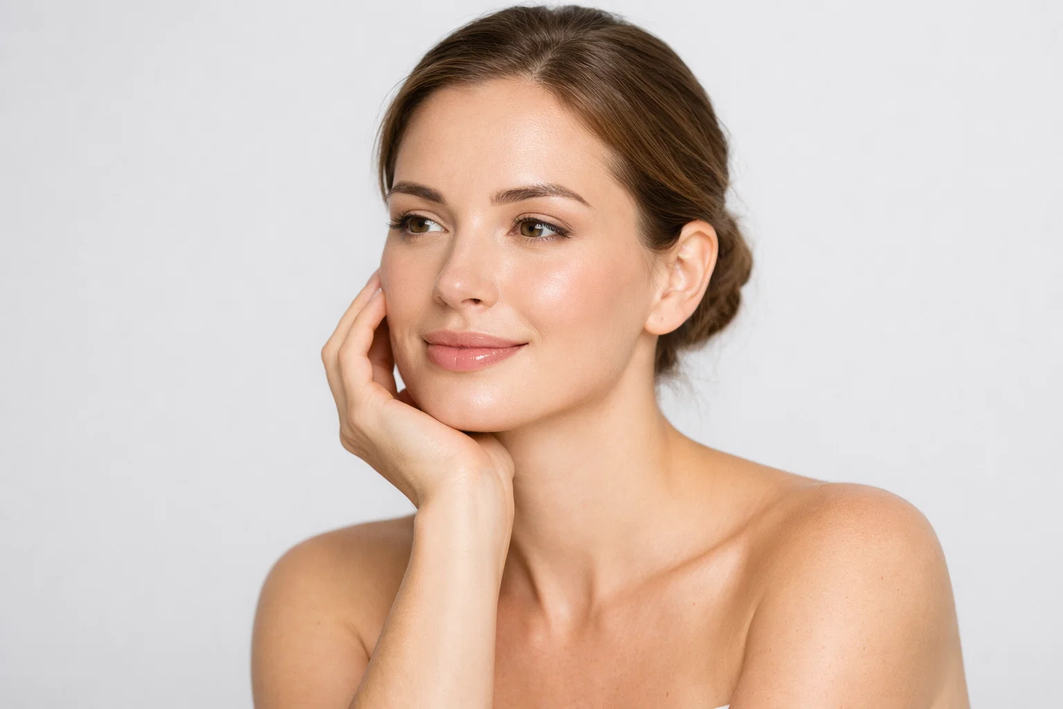 A woman with a calm expression on a light grey background, representing symptoms and causes of fungal acne.