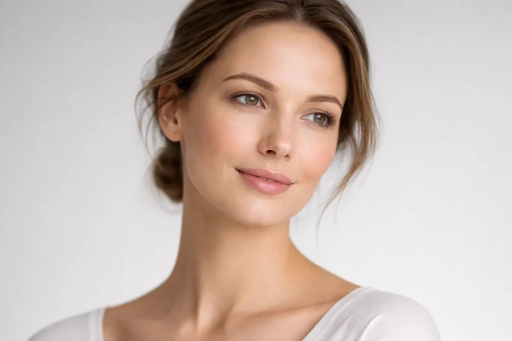 A woman posing with a relaxed expression, showing a clear and healthy under-eye area against a soft grey background.