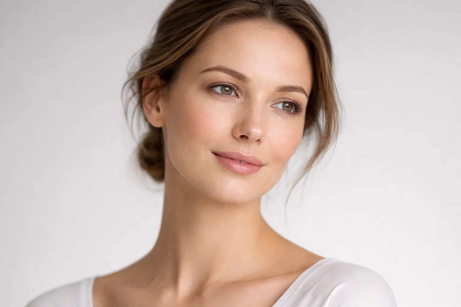 A woman posing with a relaxed expression, showing a clear and healthy under-eye area against a soft grey background.