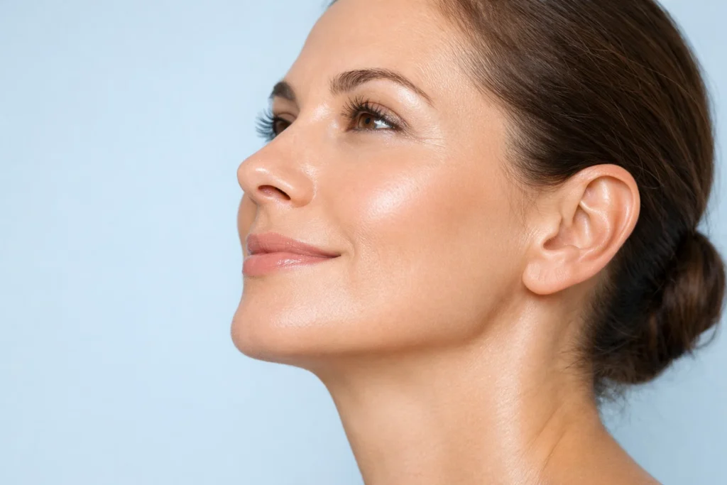 A woman in profile with luminous skin against a pale-blue background, showcasing targeted skin improvement.