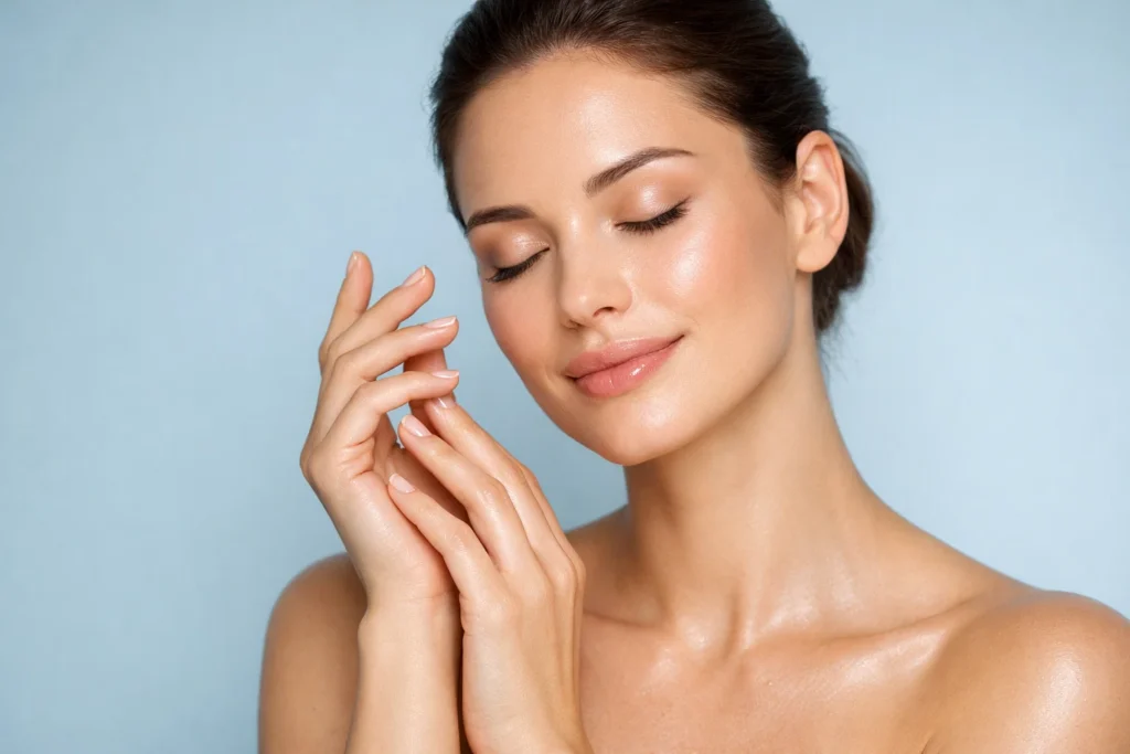 Model with glowing skin posing elegantly with closed eyes against a muted light-blue background.