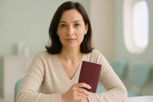 Close-up portrait of woman holding a passport in a soft clinic setting.