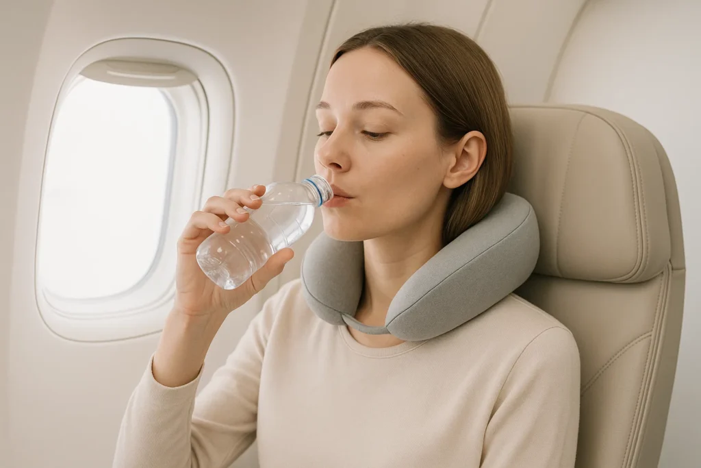 Woman sitting upright on a plane with travel pillow and water bottle.