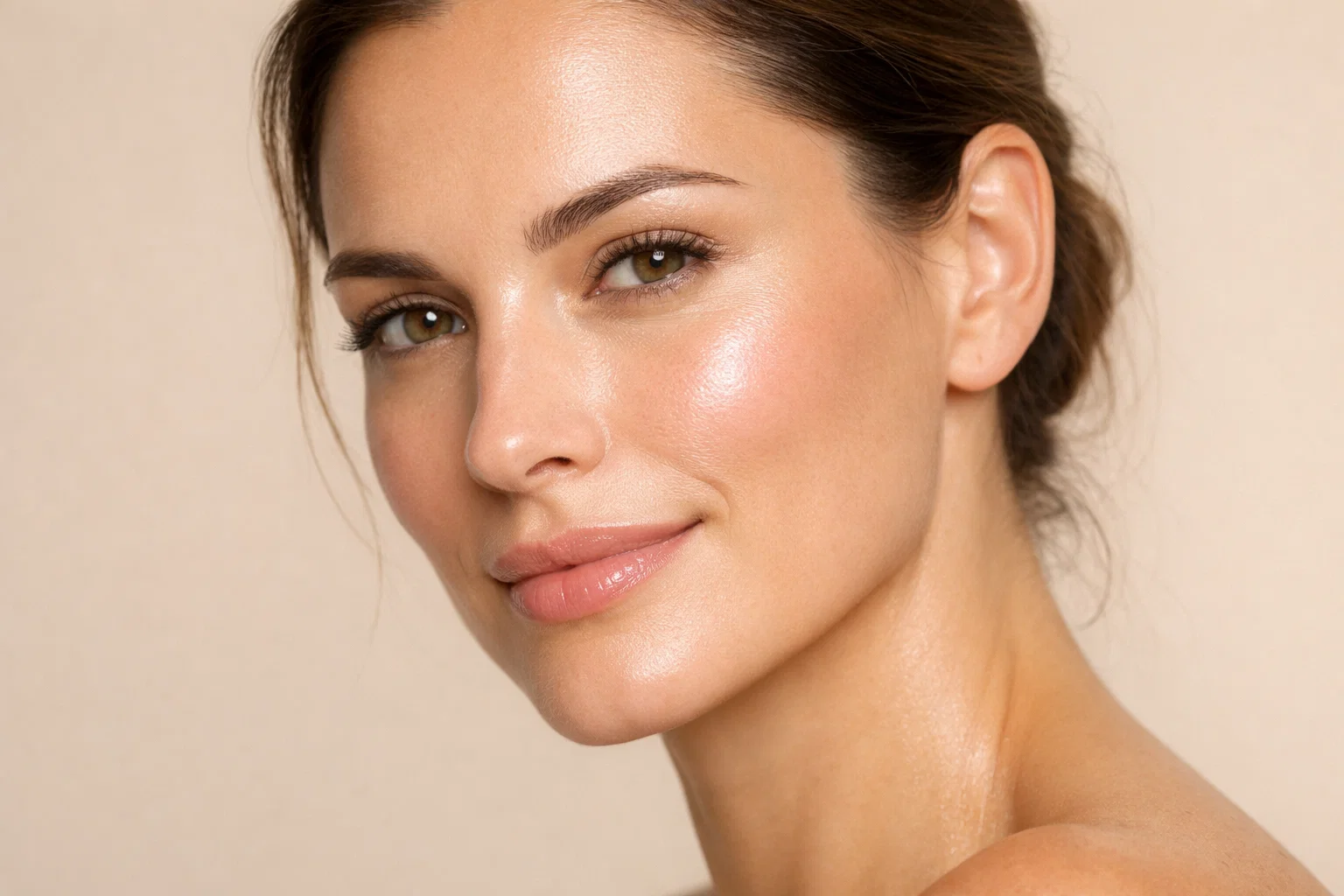 A close-up portrait of a woman with radiant skin looking at the camera against a pale beige background.