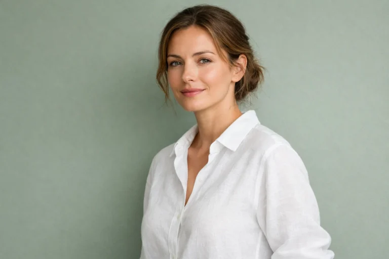 A calm woman in a breathable white linen shirt standing against a soft green background, looking fresh and dry.