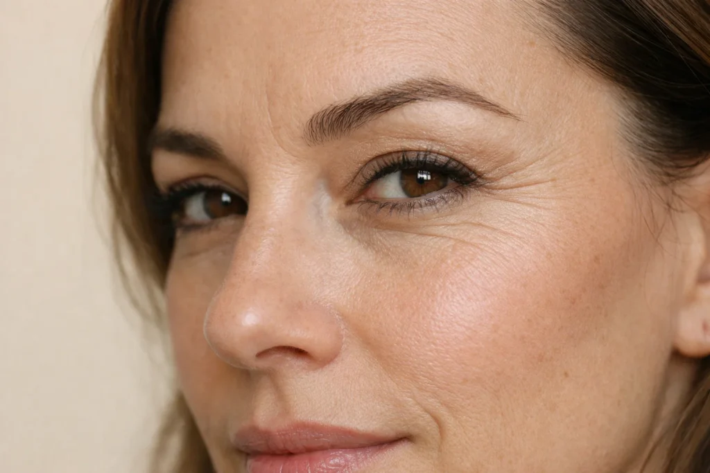 Close-up of a woman's eye area showing fine lines against a calm beige background.
