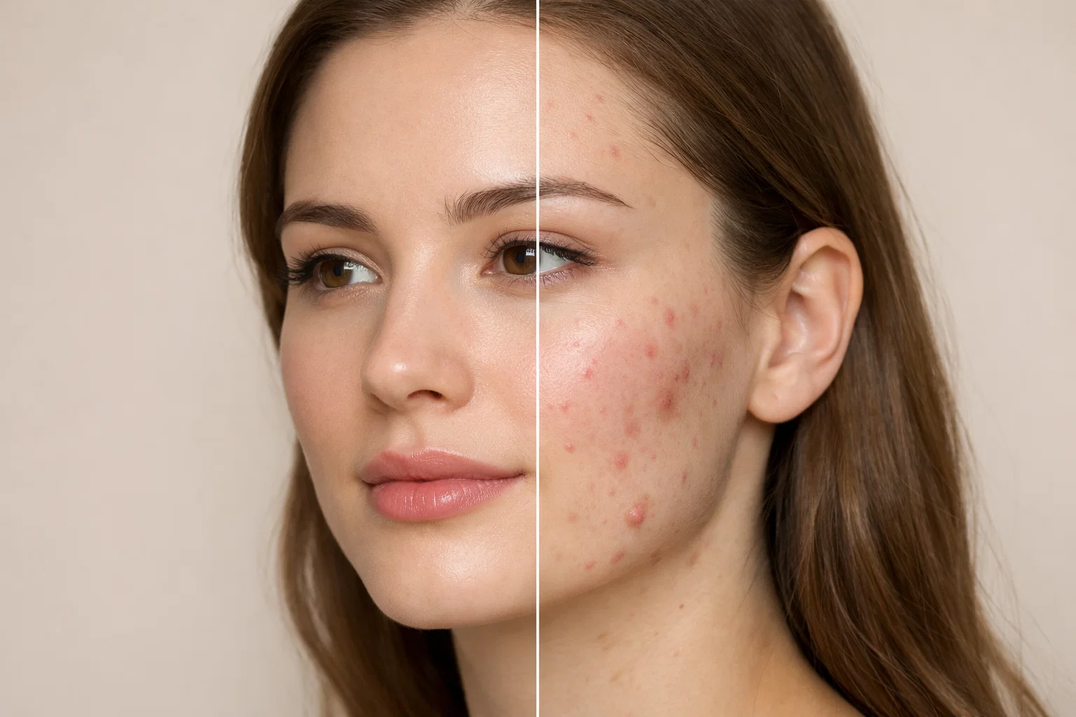 A portrait comparing skin textures against a pale beige background to differentiate fungal and regular acne.
