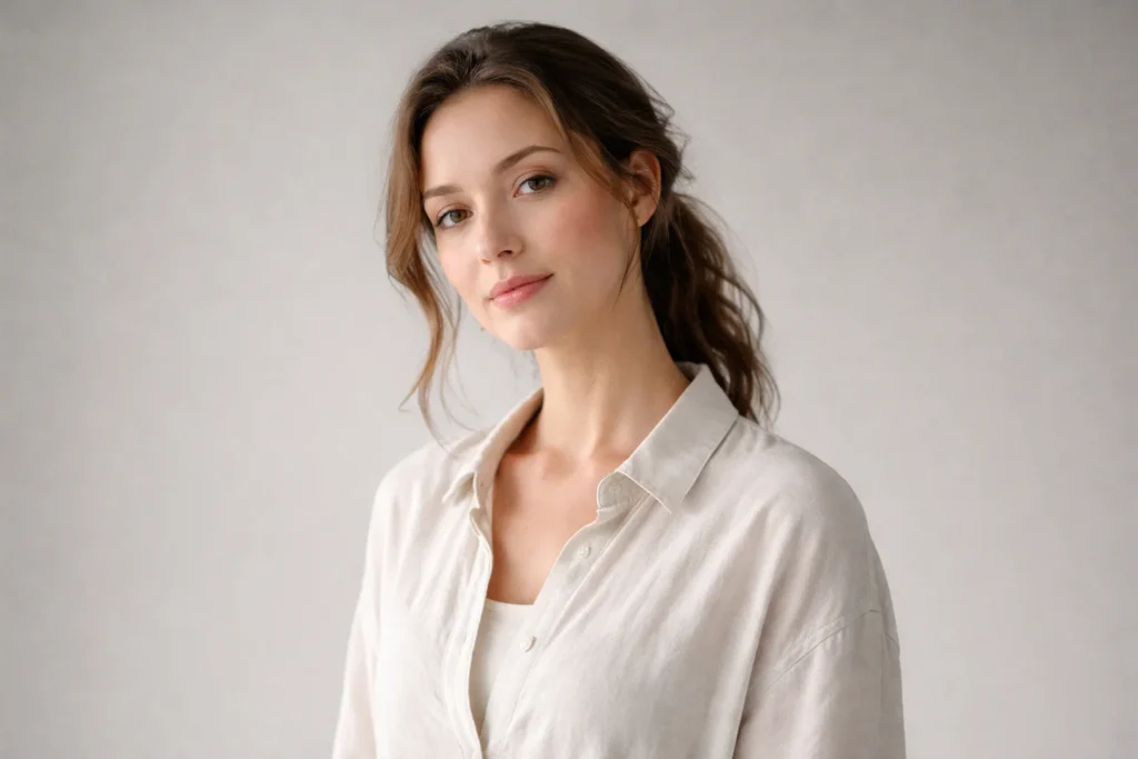 A mindful woman looking at the camera against a soft gray background representing smooth recovery precautions.