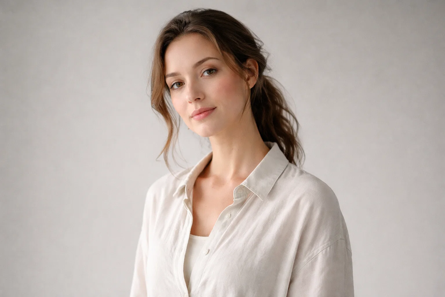A mindful woman looking at the camera against a soft gray background representing smooth recovery precautions.