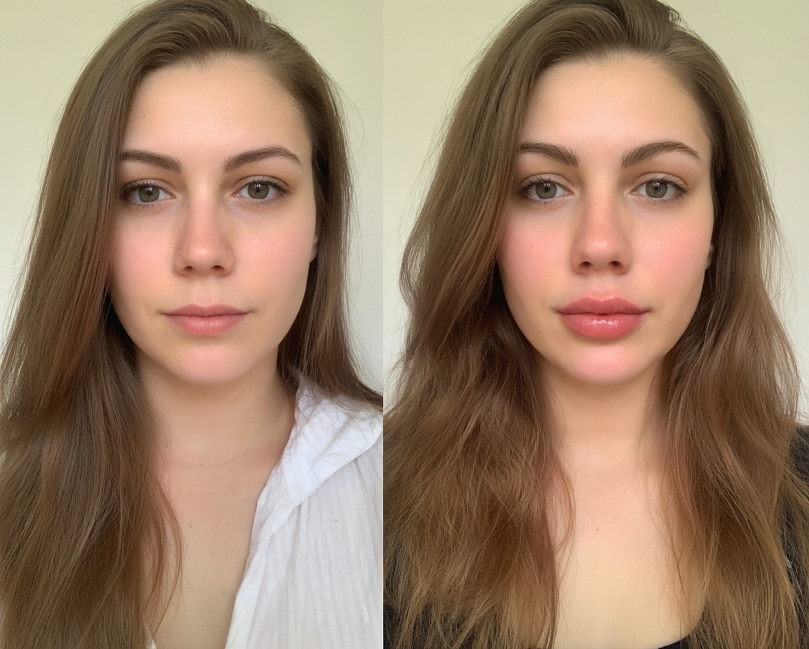 Before and after comparison of natural lip enhancement results from professional filler treatment in Harley Street.