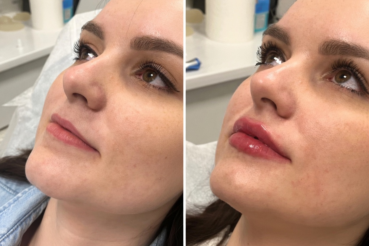 Before and after comparison of lip filler treatment results showing natural volume enhancement in South Kensington.