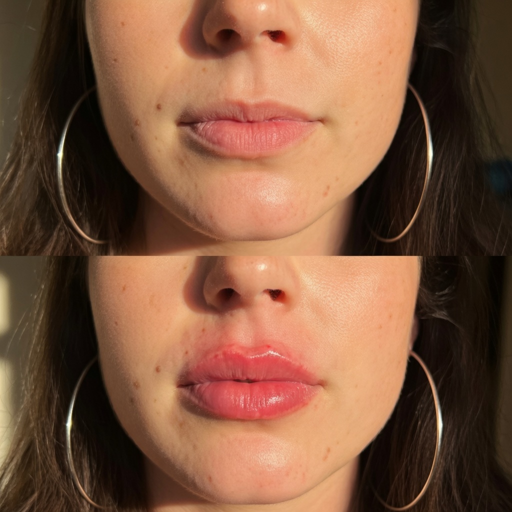 Before and after lip filler treatment comparison showing natural volume enhancement and improved lip definition.