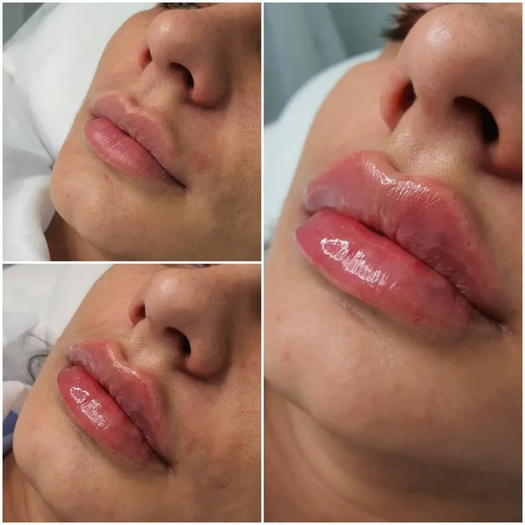 Woman demonstrating professional lip filler treatment process and natural enhancement results in Chelsea.