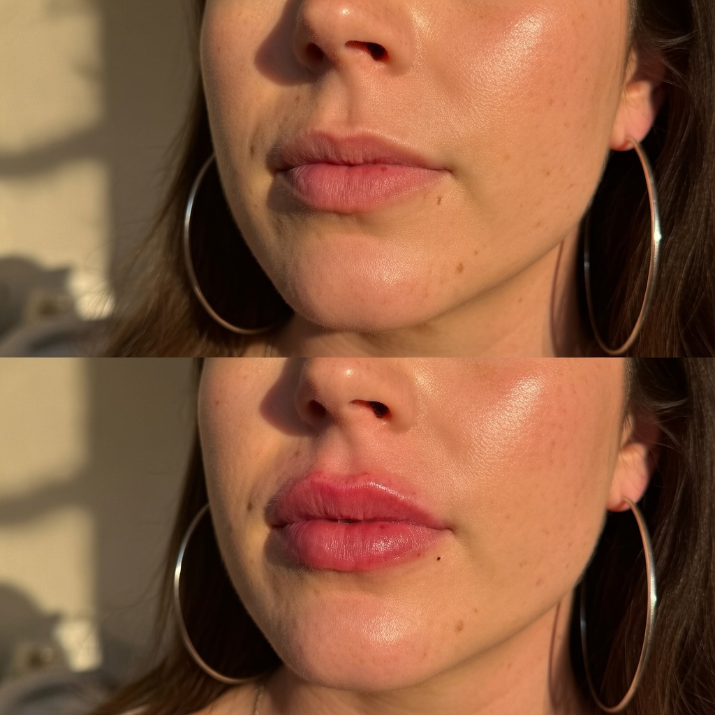 Woman demonstrating lip filler treatment process results at professional Knightsbridge aesthetic clinic