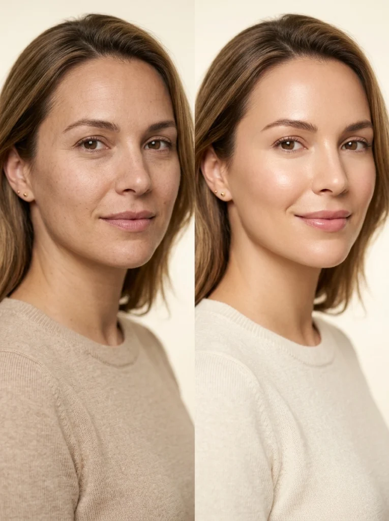 Two women side by side showing complexion before and after Juvelook treatment, soft ivory background