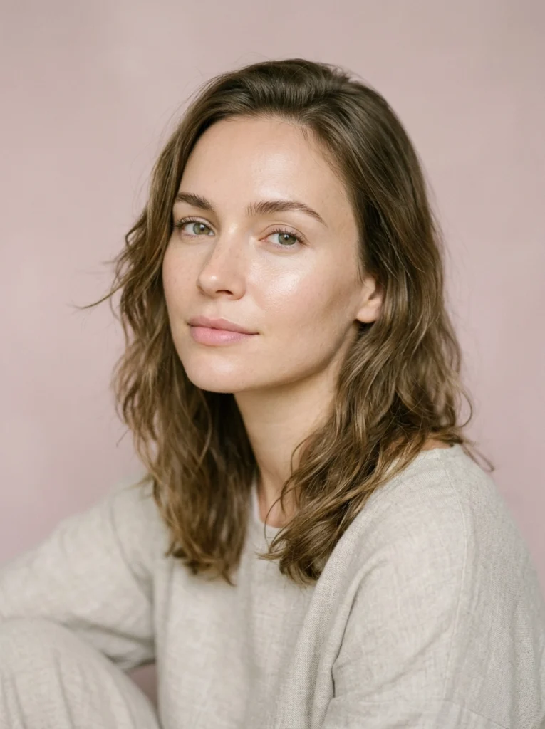 A calm woman with smooth radiant complexion against a pale dusty rose background, illustrating Juvelook treatments in London