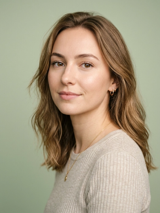 A calm woman with naturally radiant complexion against a pale sage green background, illustrating what Juvelook is.