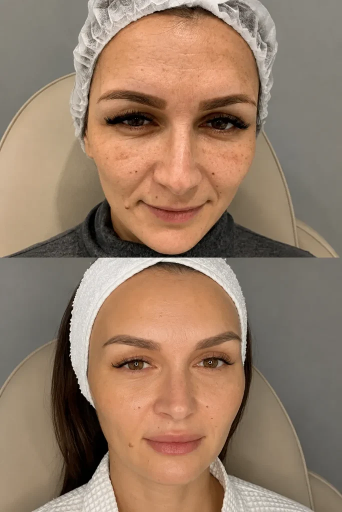 Before and after exosomes microneedling treatment showing smoother skin texture and improved radiance