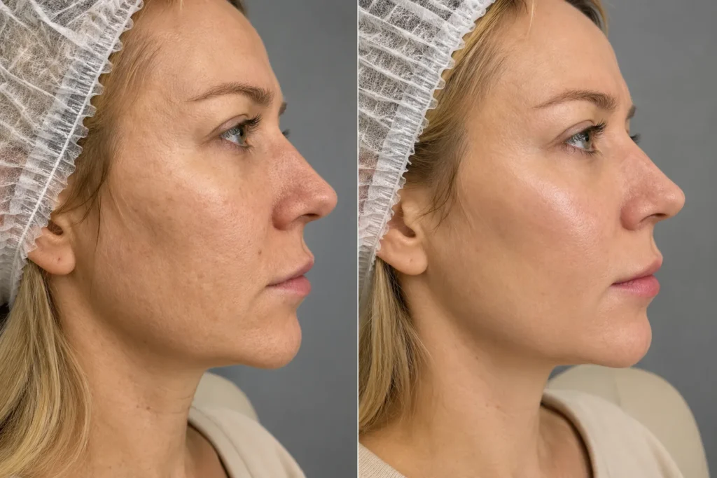Before and after exosome treatment following aesthetic procedures, showing improved skin recovery and texture