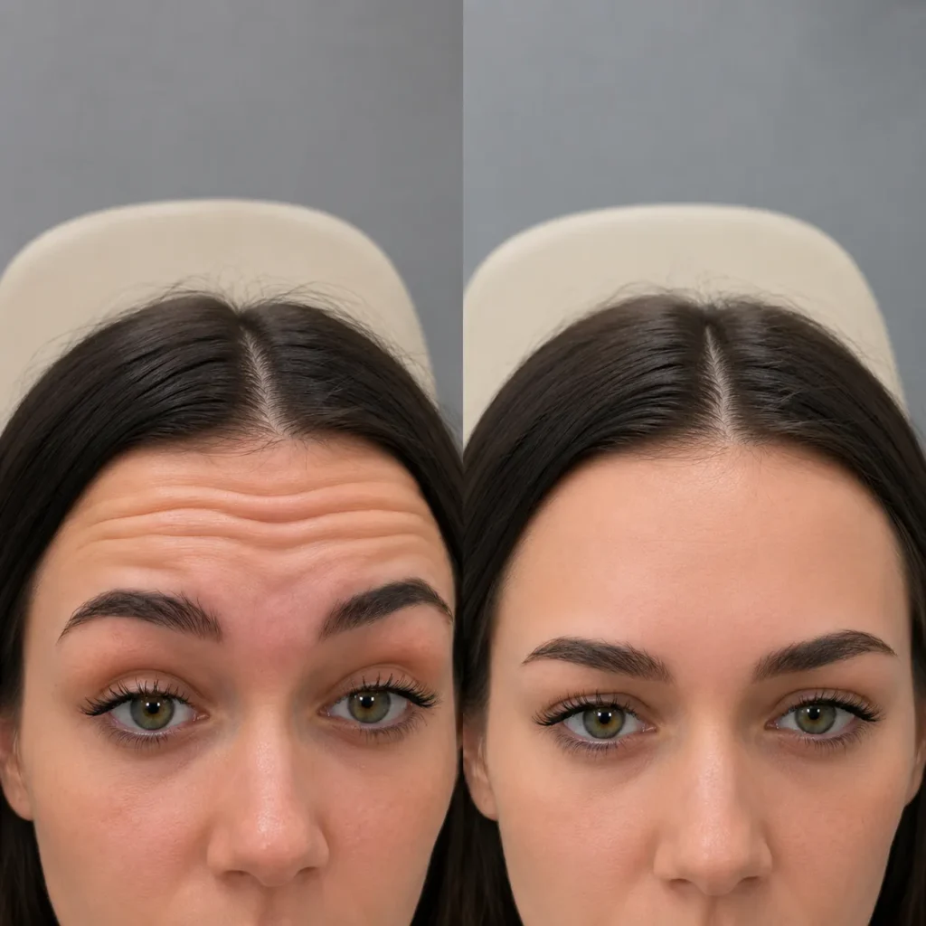 Before and after forehead wrinkle relaxing treatment showing smoother skin and reduced forehead lines