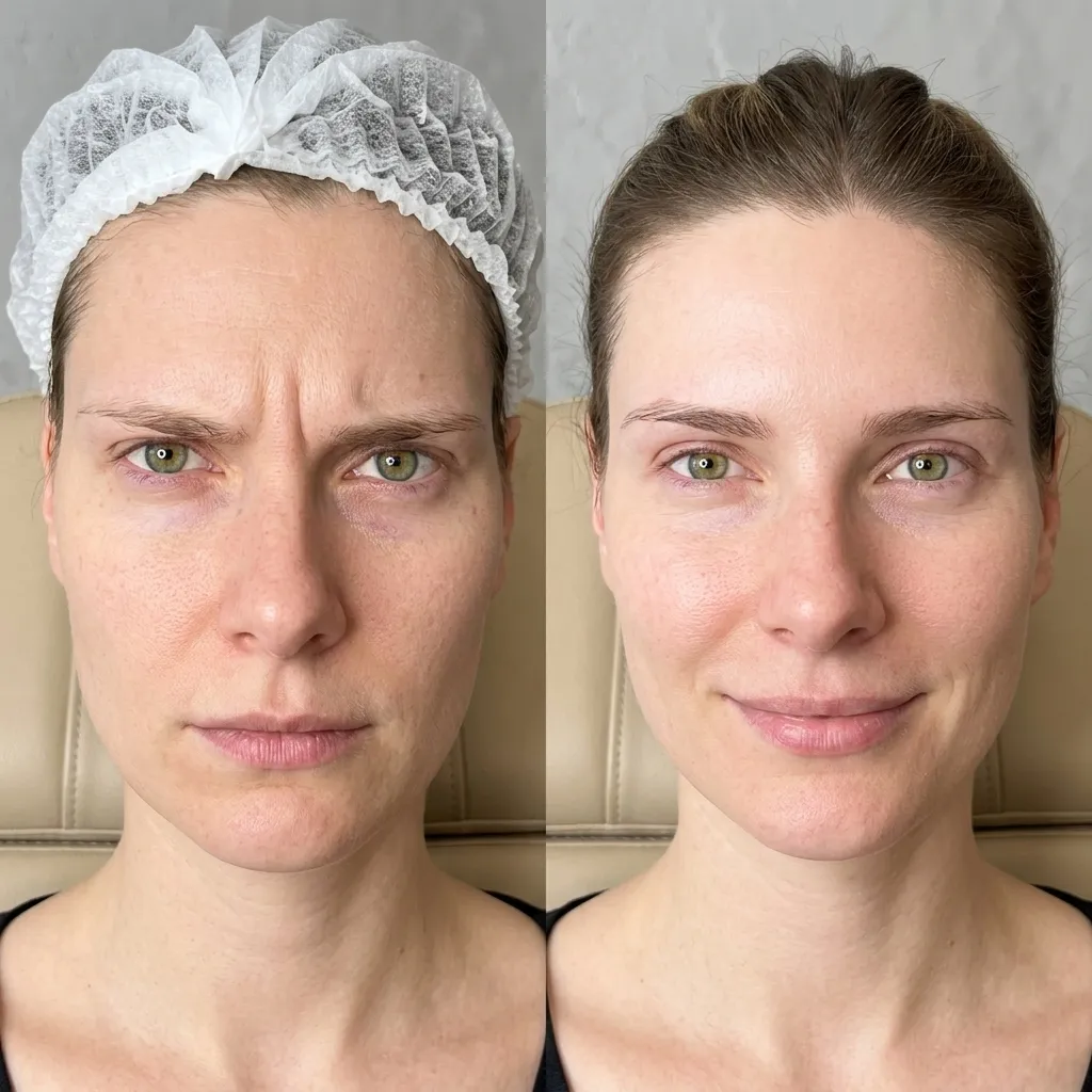 Before and after frown lines wrinkle relaxing treatment showing smoother skin between the eyebrows
