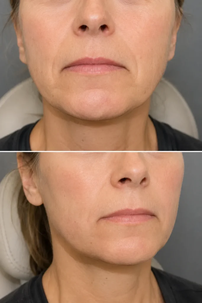 Before and after marionette line filler treatment showing smoother lower-face contours and reduced folds
