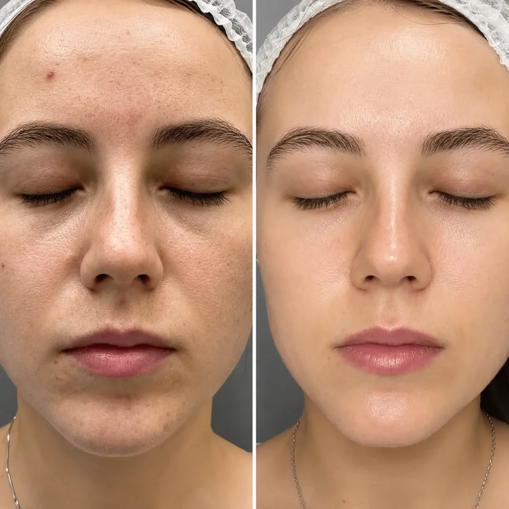 Before and after Plinest polynucleotide treatment showing improved skin texture, hydration, and radiance