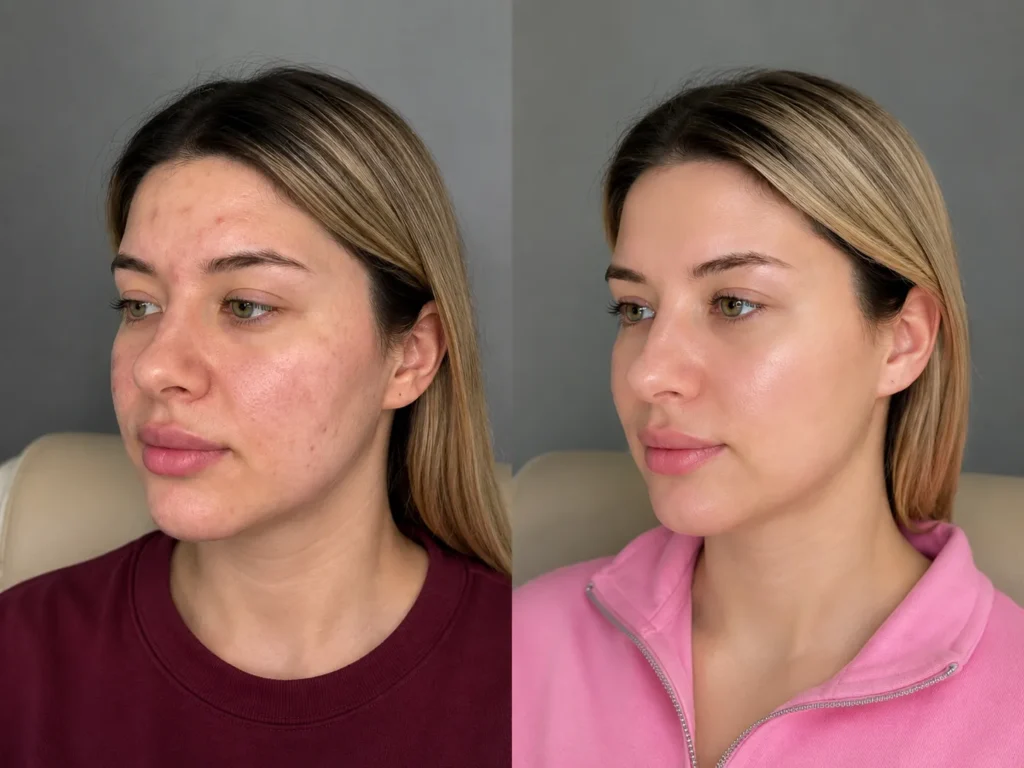 Before and after polynucleotide skin treatment showing improved skin texture, elasticity, and radiance
