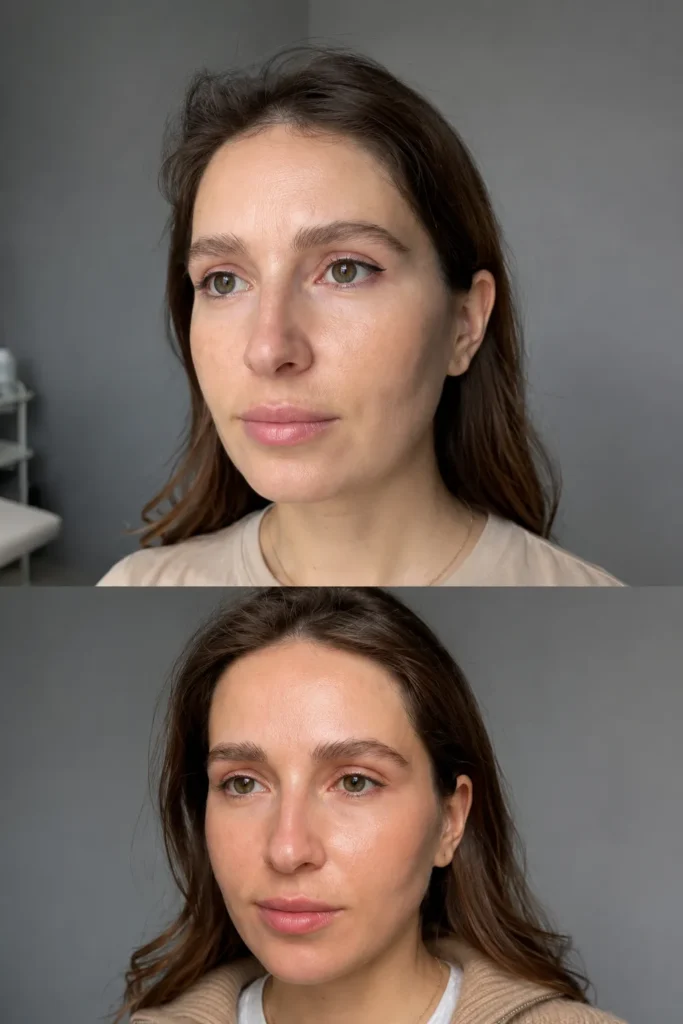 Before and after skin booster treatment showing improved hydration, smoother texture, and radiant skin