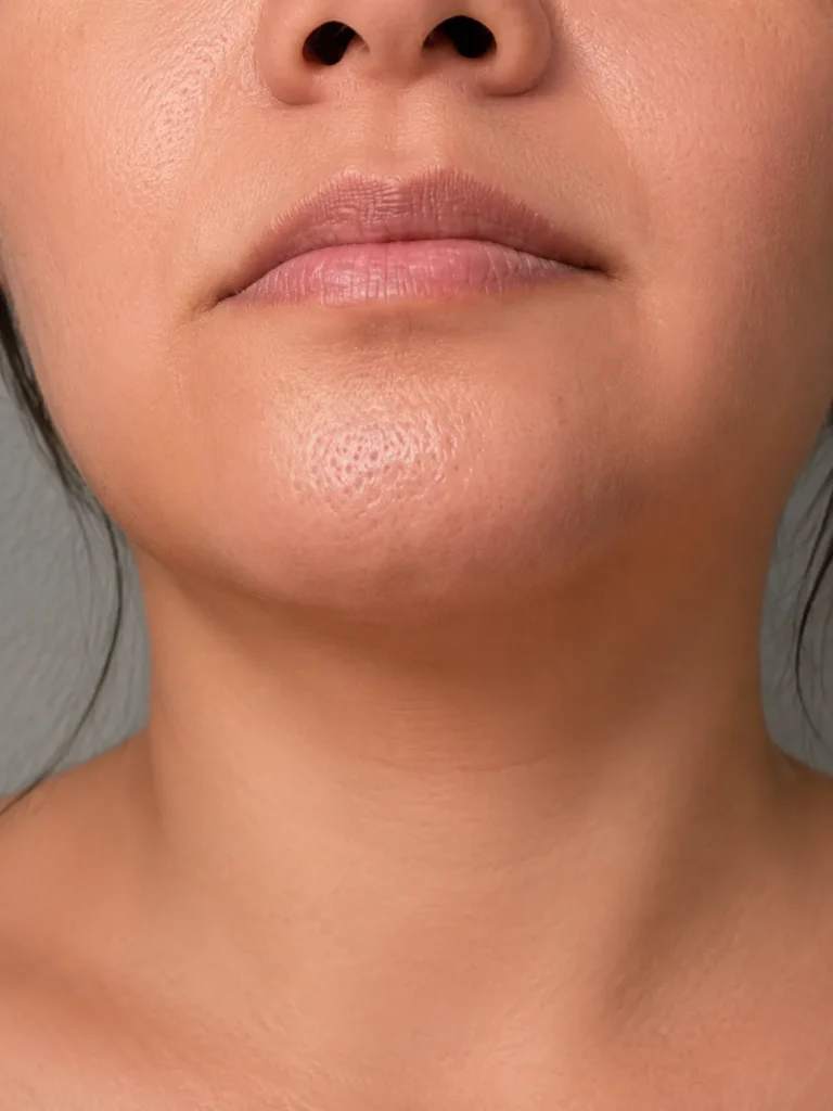 Orange peel chin texture with visible dimpling and uneven surface appearance in the lower face