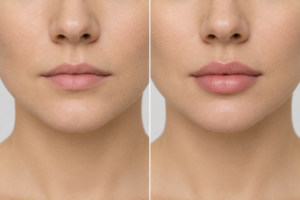 Subtle lip enhancement illustration showing before and after 0.5ml hyaluronic acid filler