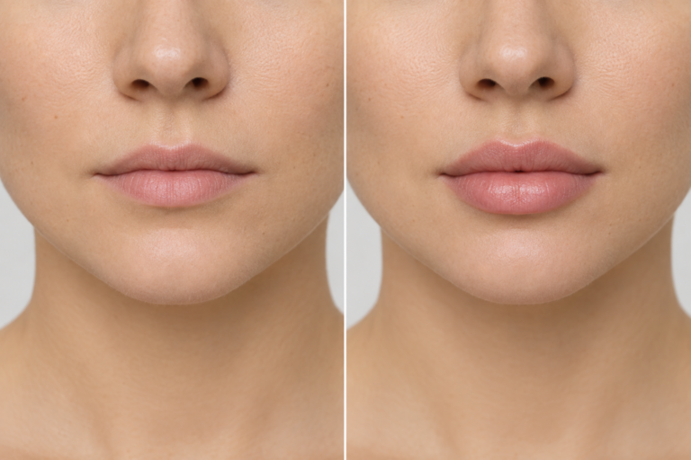 Subtle lip enhancement illustration showing before and after 0.5ml hyaluronic acid filler