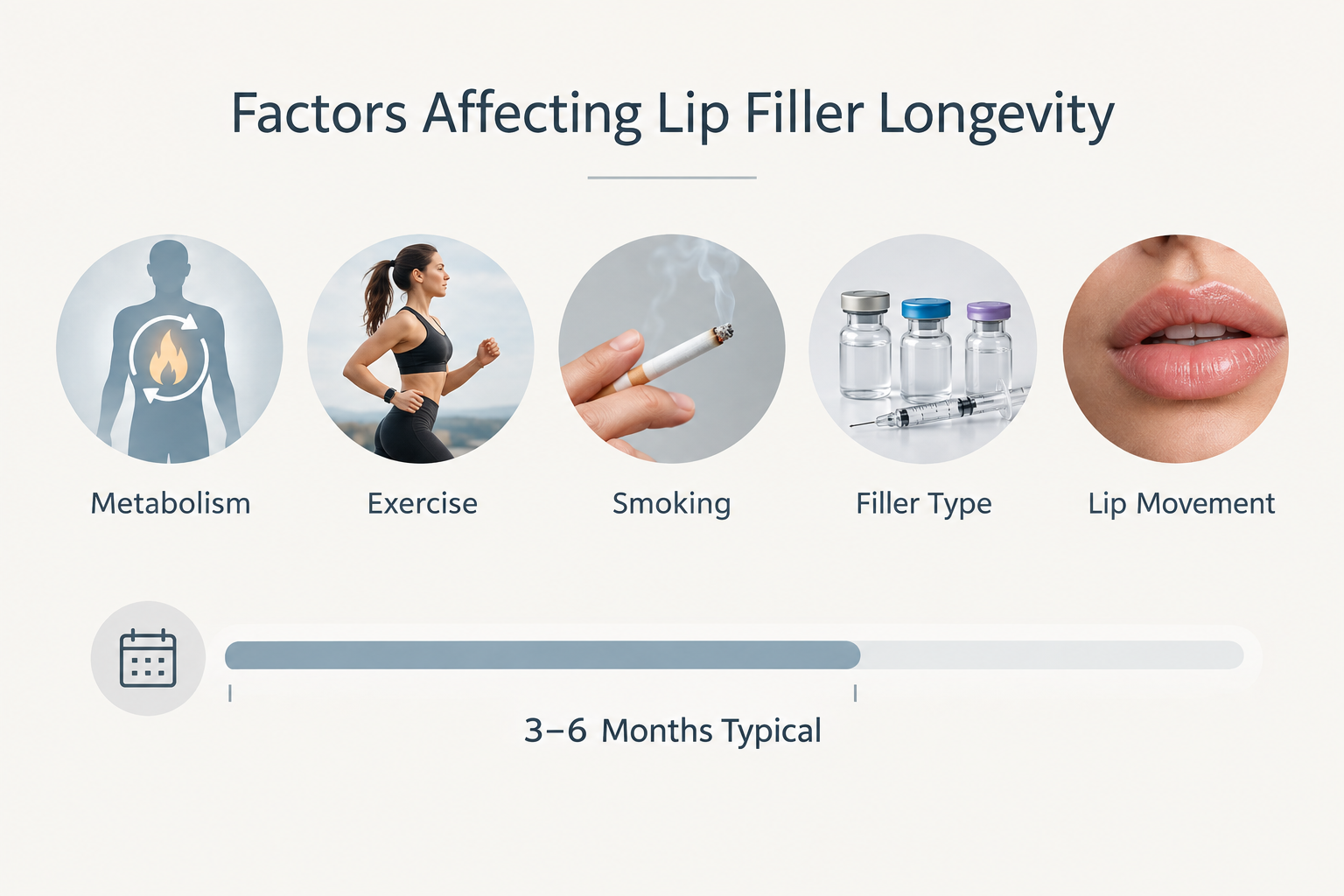 Infographic timeline showing 0.5ml lip filler longevity from treatment to 12 months