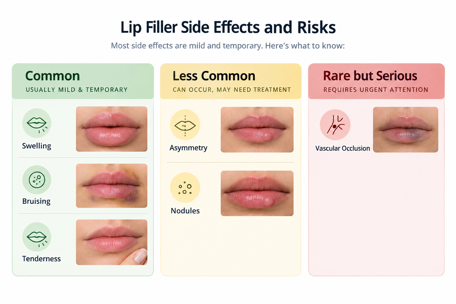Fact cards showing common, less common and rare risks of lip filler treatment