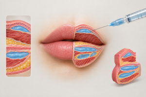 Medical illustration of 1ml hyaluronic acid lip filler injection technique and placement zones