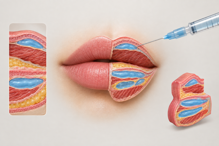 Medical illustration of 1ml hyaluronic acid lip filler injection technique and placement zones