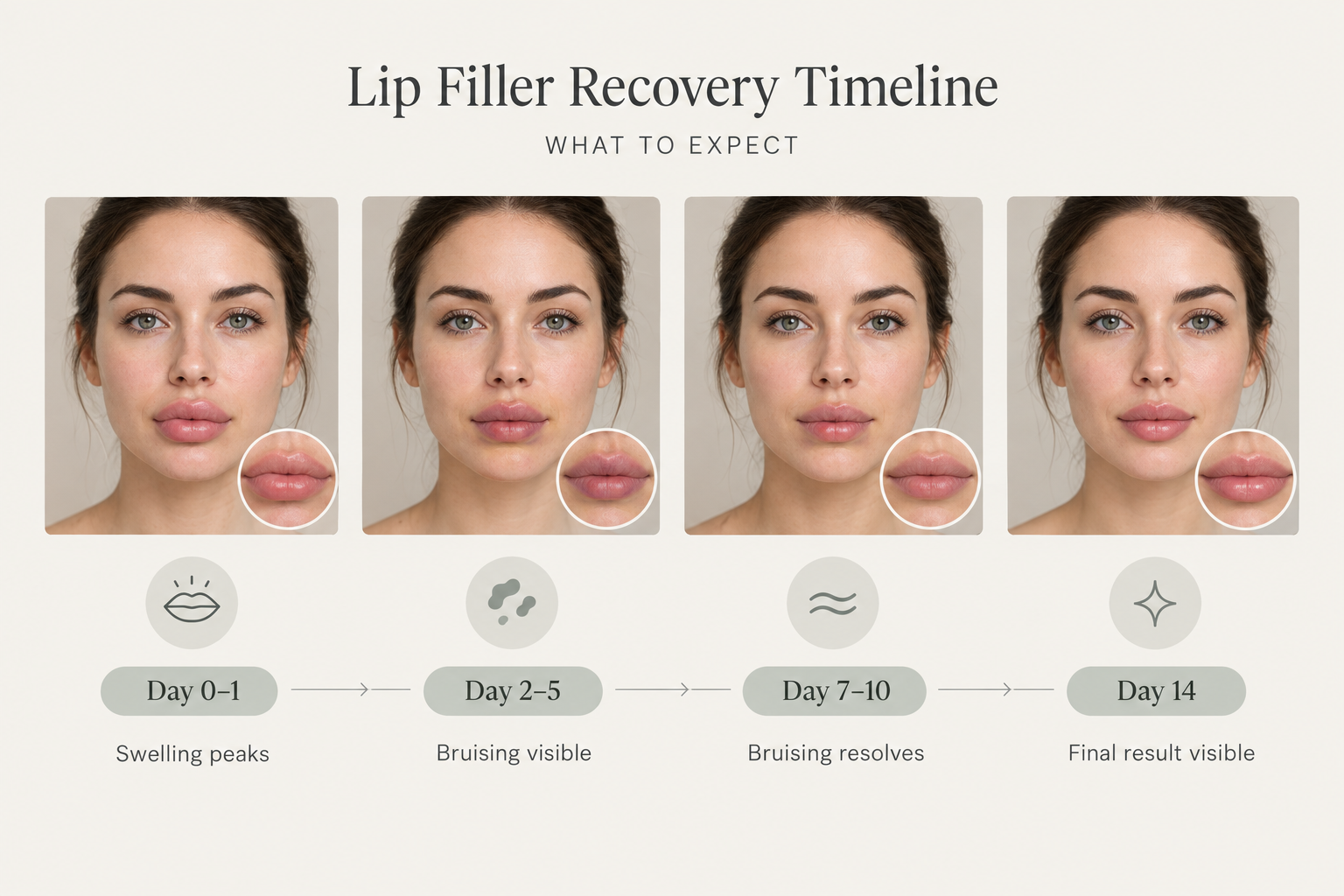 Recovery timeline infographic for lip filler showing swelling and bruising stages over 14 days