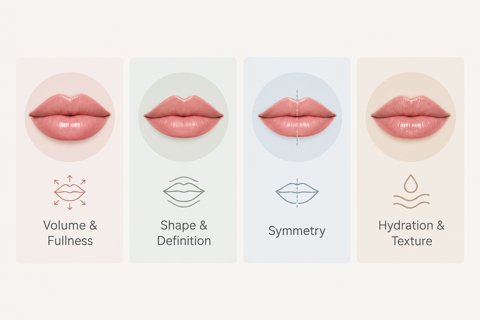 Infographic showing four outcomes of 1ml lip filler: volume, definition, symmetry, and hydration