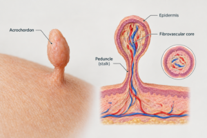 Medical illustration of an acrochordon skin tag showing its pedunculated stalk structure