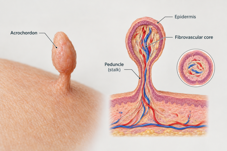 Medical illustration of an acrochordon skin tag showing its pedunculated stalk structure