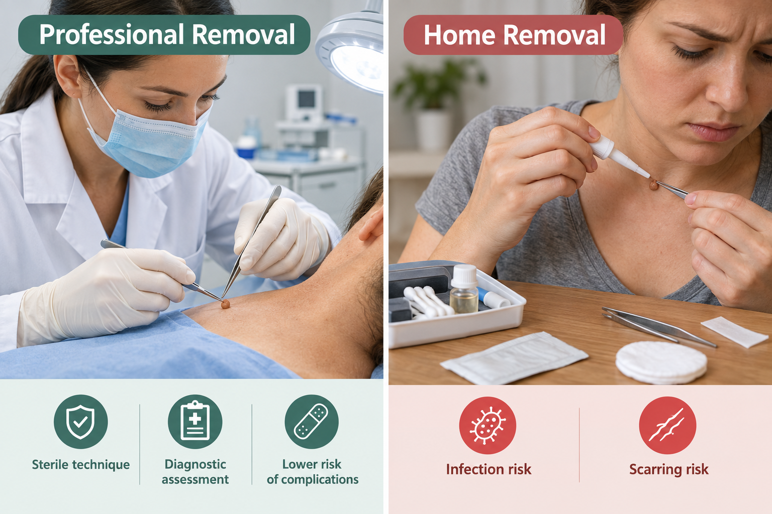 Illustration comparing professional clinical skin tag removal versus home removal risks