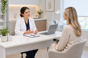 Aesthetic skin clinic consultation between practitioner and patient