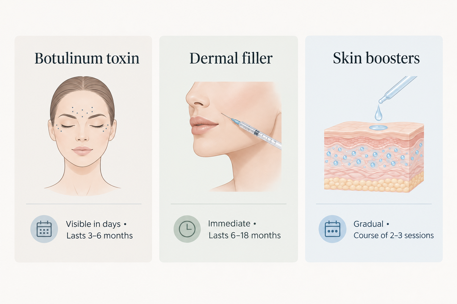 Timeline fact cards for botulinum toxin, dermal filler, and skin booster results